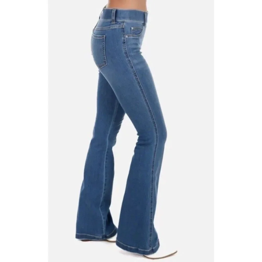 SPANX VINTAGE INDIGO FLARE Wide Leg Blue Denim pull-on Jeans Stretch Size L